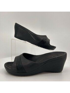Crocs Sassari Black Open Toe Slide Wedge Heel Sandal Shoes Womens Size 8 Casual